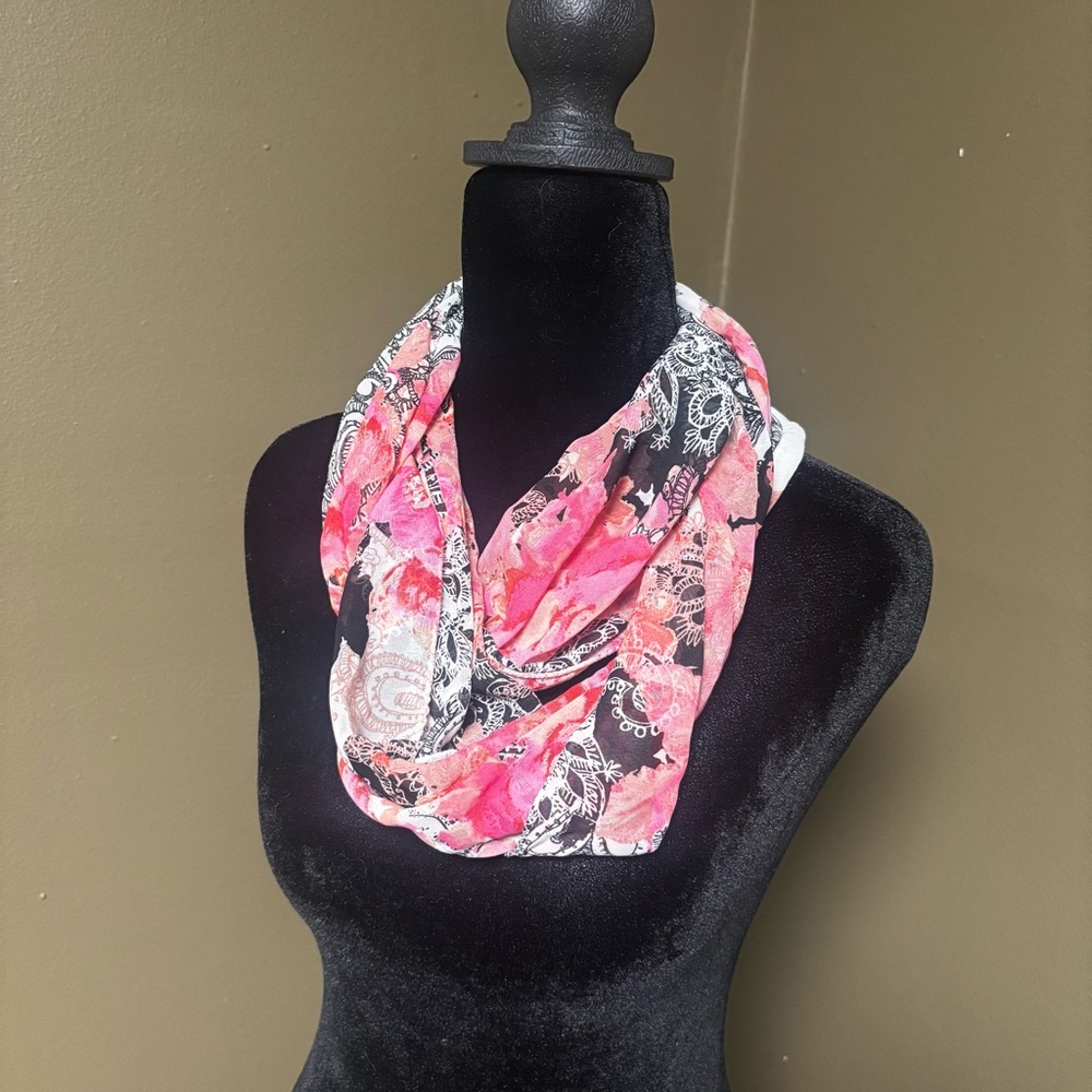 Handmade Floral Printed Silky Infinity Wrap Scaft in Pink, Black, White